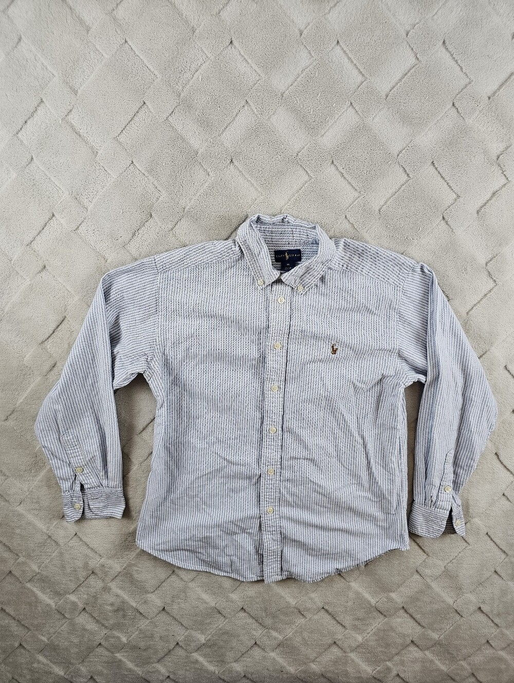 Ralph Lauren Oxford Button Up Shirt Youth 14 Striped Blue White